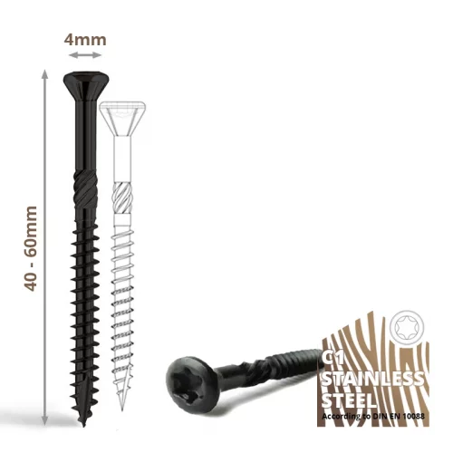 C1 Black stainless steel hardwood screws – 4mm